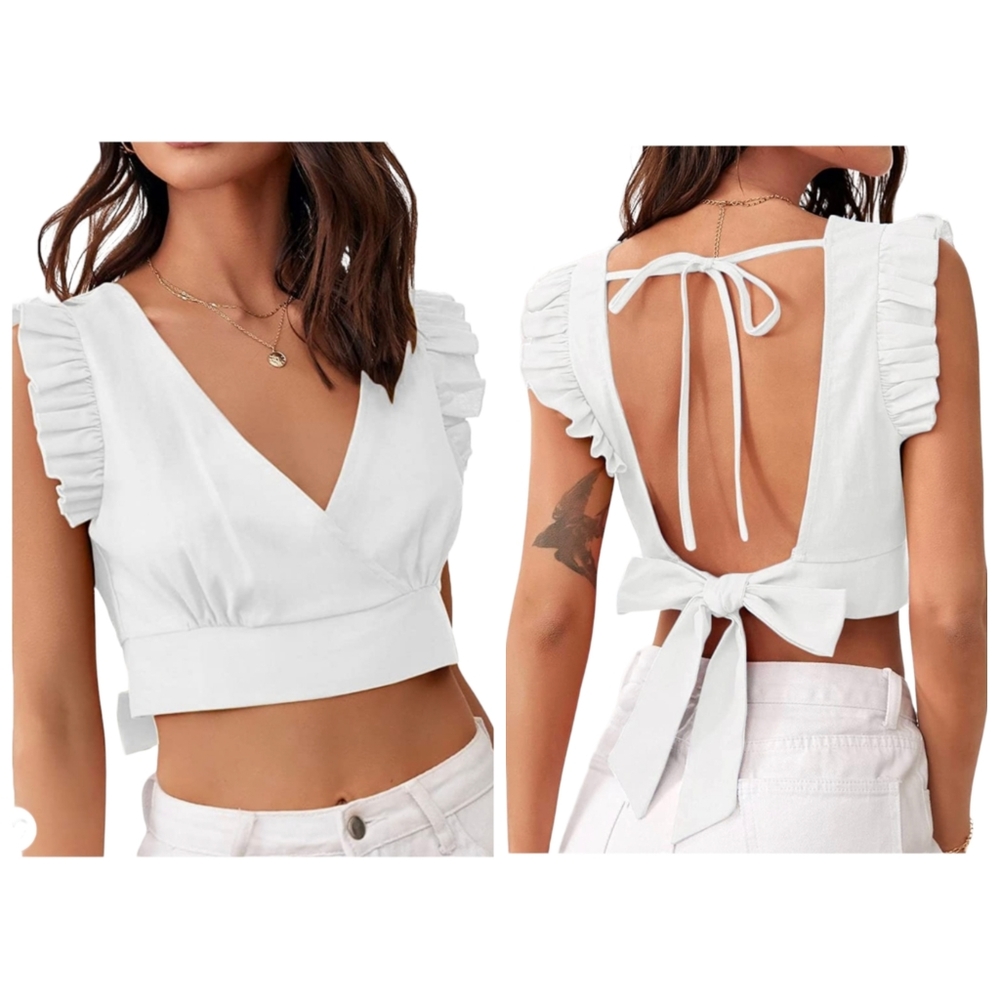 NWOT Women's ruffle v-neck sleeveless tie back crop top, XS, White